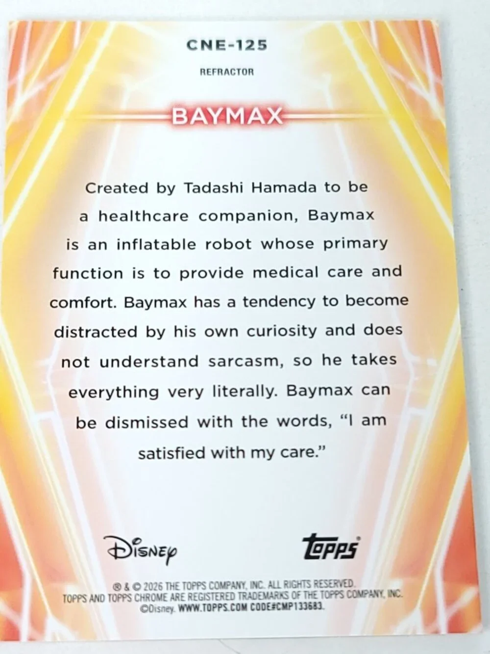 Baymax Topps 2026 Disney Neon Holo Chrome Refractor Limited 077/199 CNE